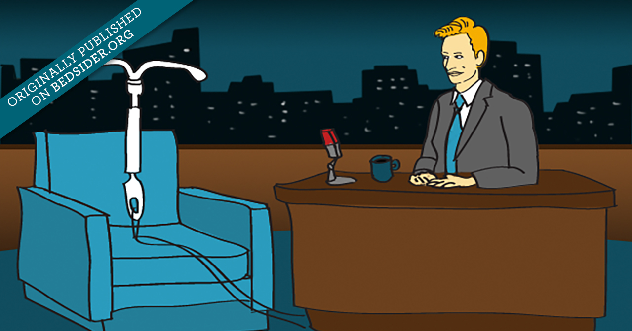 Illustration of a skyla IUD sitting on a couch being interviewed by Conan O'Brien