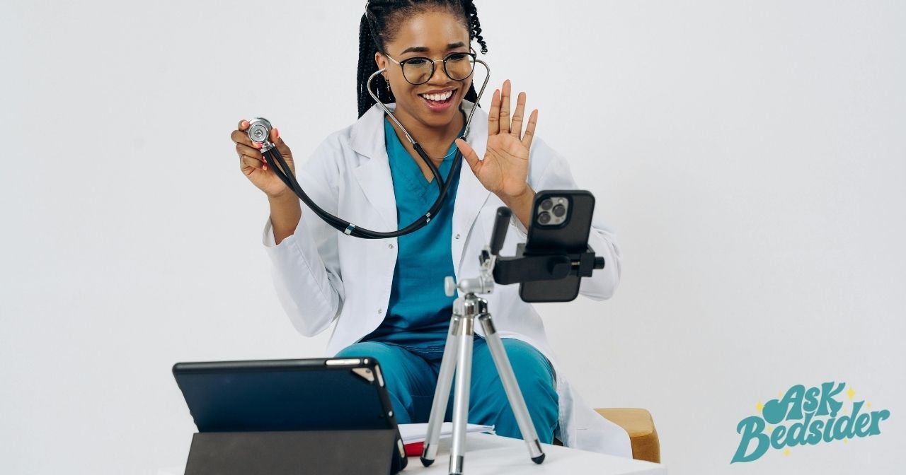 Female doctor doing a live demonstration into her iphone