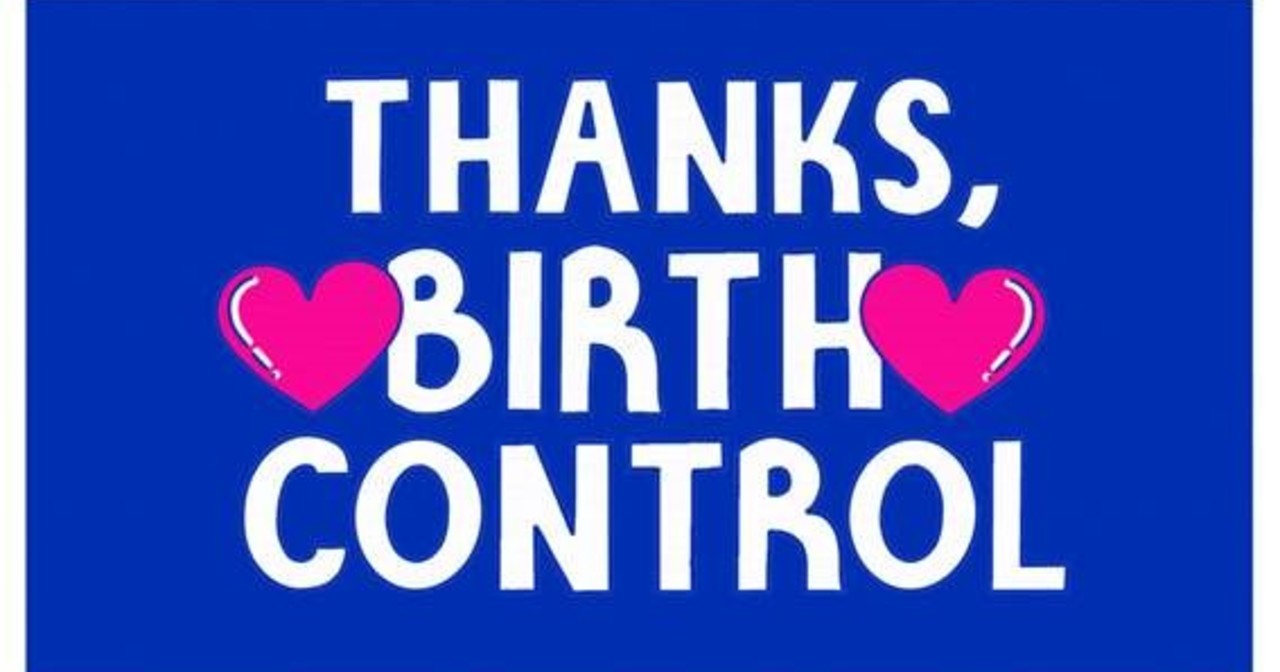 White text stating: Thanks, Birth Control in white with two pink hearts on a blue background