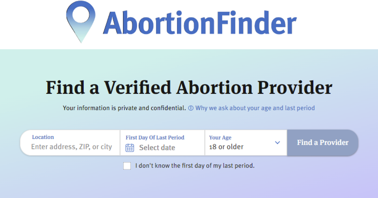 A screenshot of the AbortionFinder "Find a Verified Abortion Provider" form