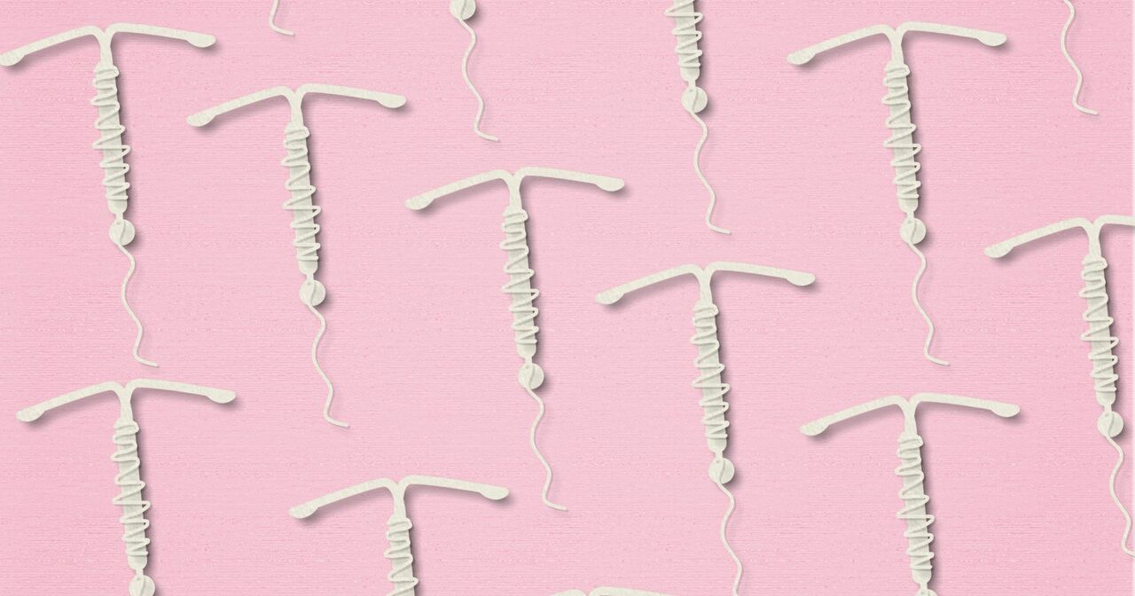 Multiple white IUD illustrations on a pink background