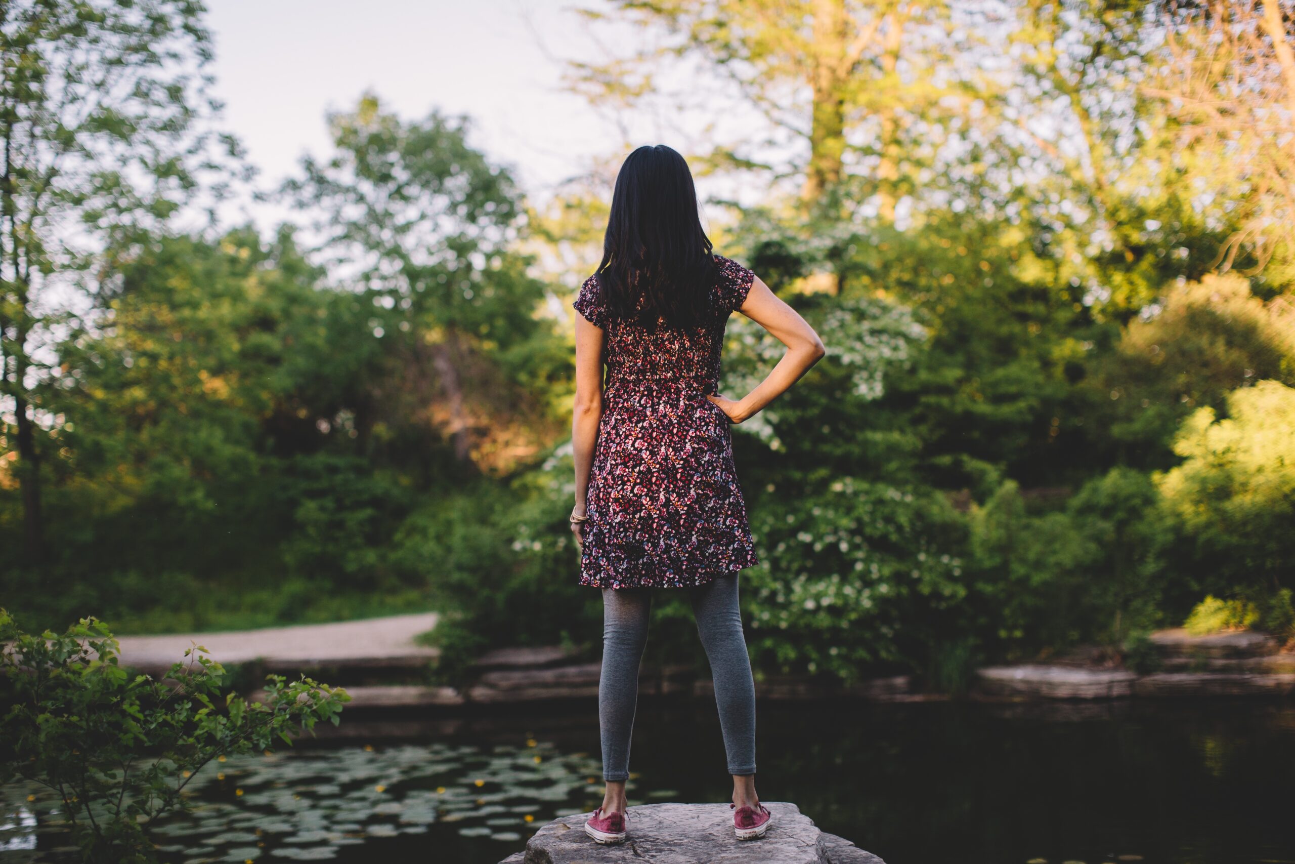 The back of a young woman standing on rock in the middle of a forested park