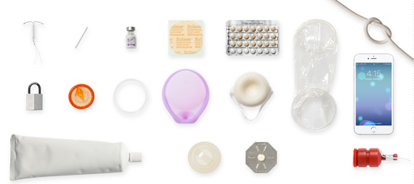 All the birth control methods lined up on a white background
