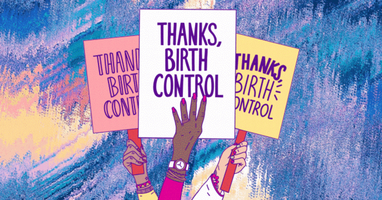 Illustration of hands holding up signs that read "Thanks, Birth Control"