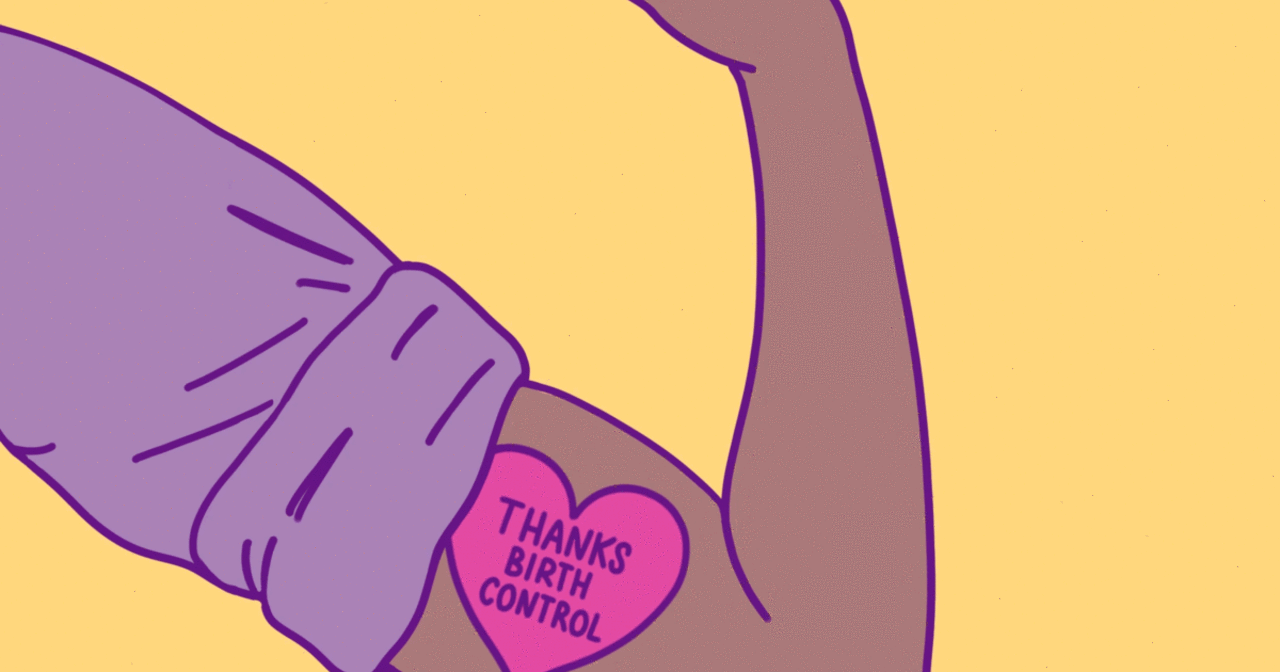 Illustrative gif of an arm with a rolled up sleeve and "Thanks Birth Control" tattoo flexing