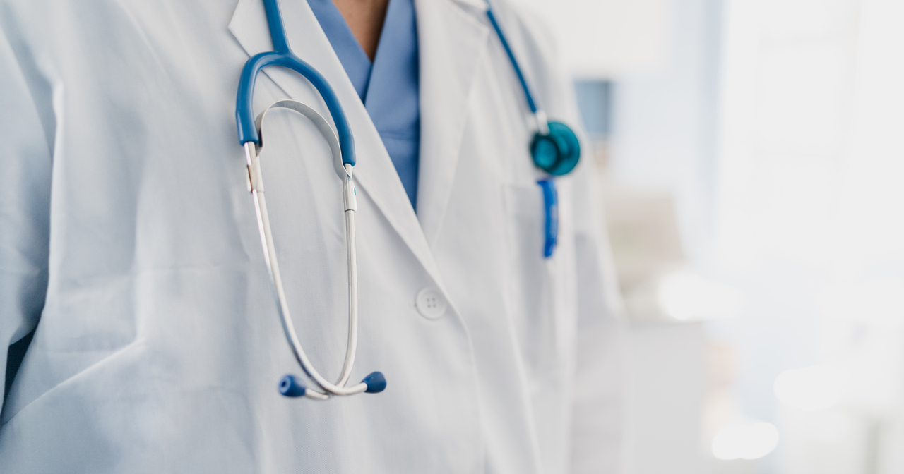 Close up of a doctor wearing a stethoscope