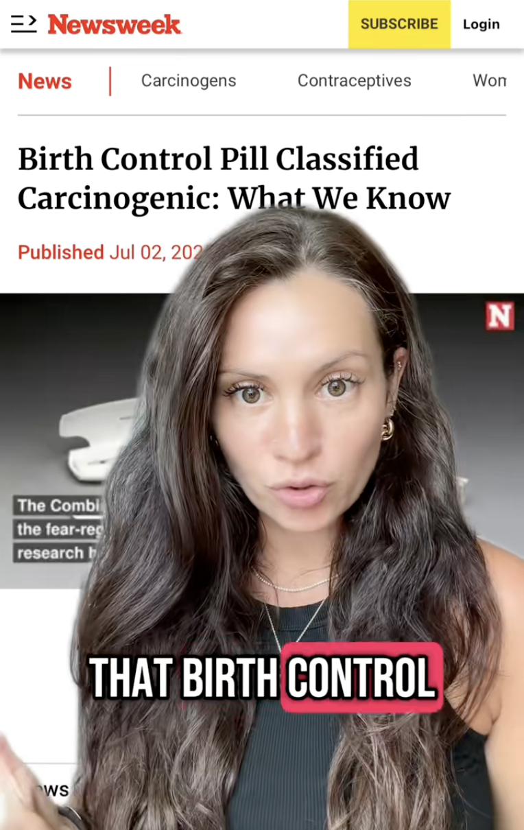 Influencer talks directly to the camera in front of a backdrop of a Newsweek article about birth control