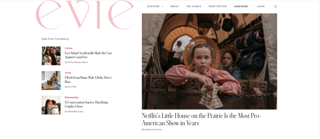 Evie Magazine homepage screenshot showing lifestyle content