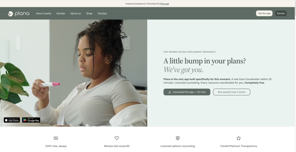 Plana homepage screenshot showing pregnancy options content